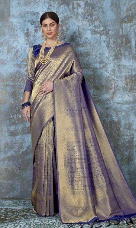 #1004 - Midnight blue sari in Kanjivaram style - Muhurat Collections