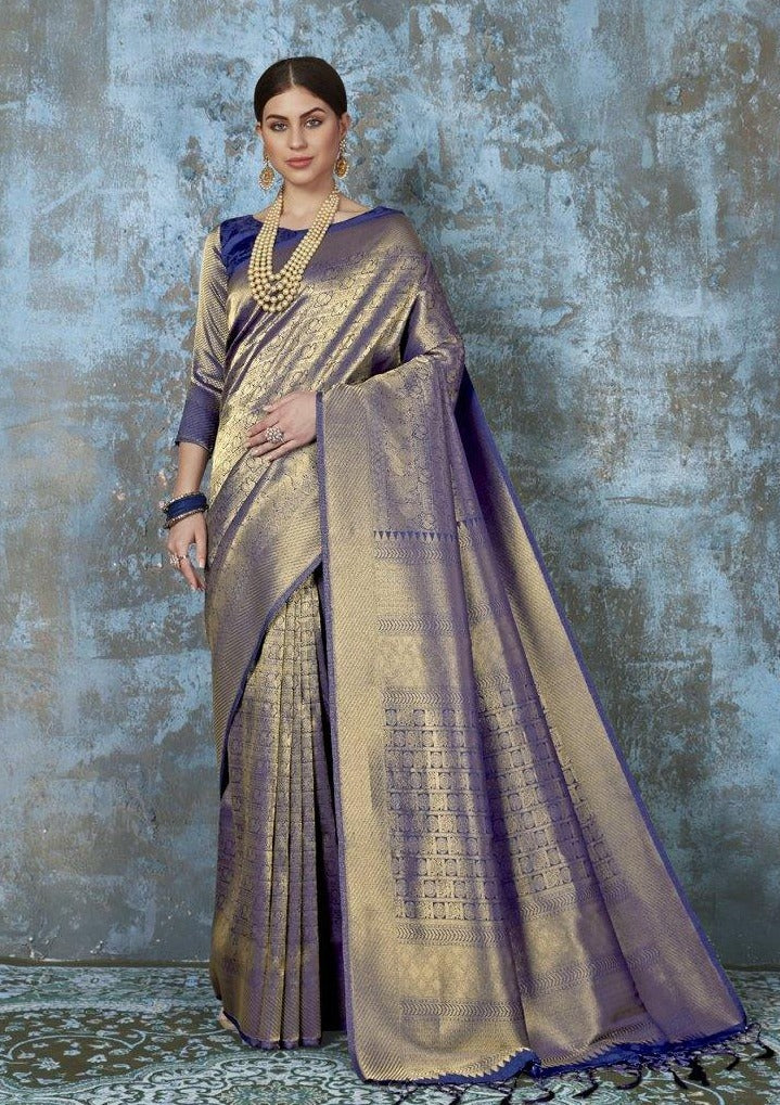 #1004 - Midnight blue sari in Kanjivaram style - Muhurat Collections