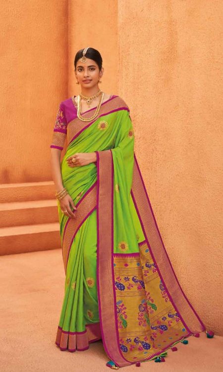 #1040 - Parrot green chiffon silk with Paithani border - Muhurat Collections