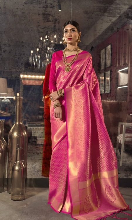 #1048 - Shocking pink and gold zari sari in Kanjivaram style is simply gorgeous - Muhurat Collections