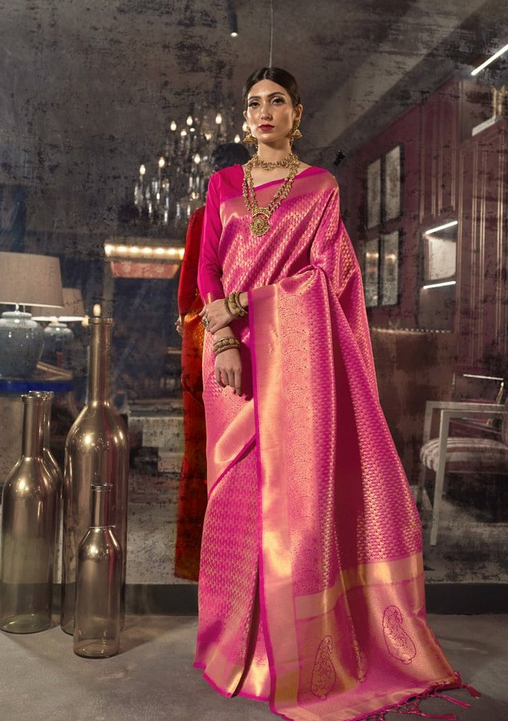 #1048 - Shocking pink and gold zari sari in Kanjivaram style is simply gorgeous - Muhurat Collections