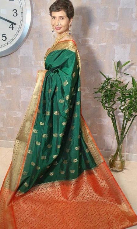 #1052 - Chili green and orange Mhalsa Paithani - Muhurat Collections