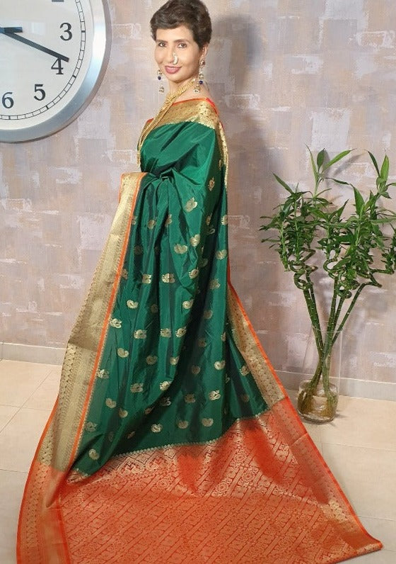 #1052 - Chili green and orange Mhalsa Paithani - Muhurat Collections