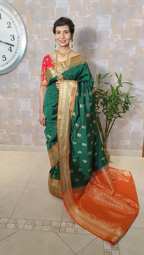 #1052 - Chili green and orange Mhalsa Paithani - Muhurat Collections