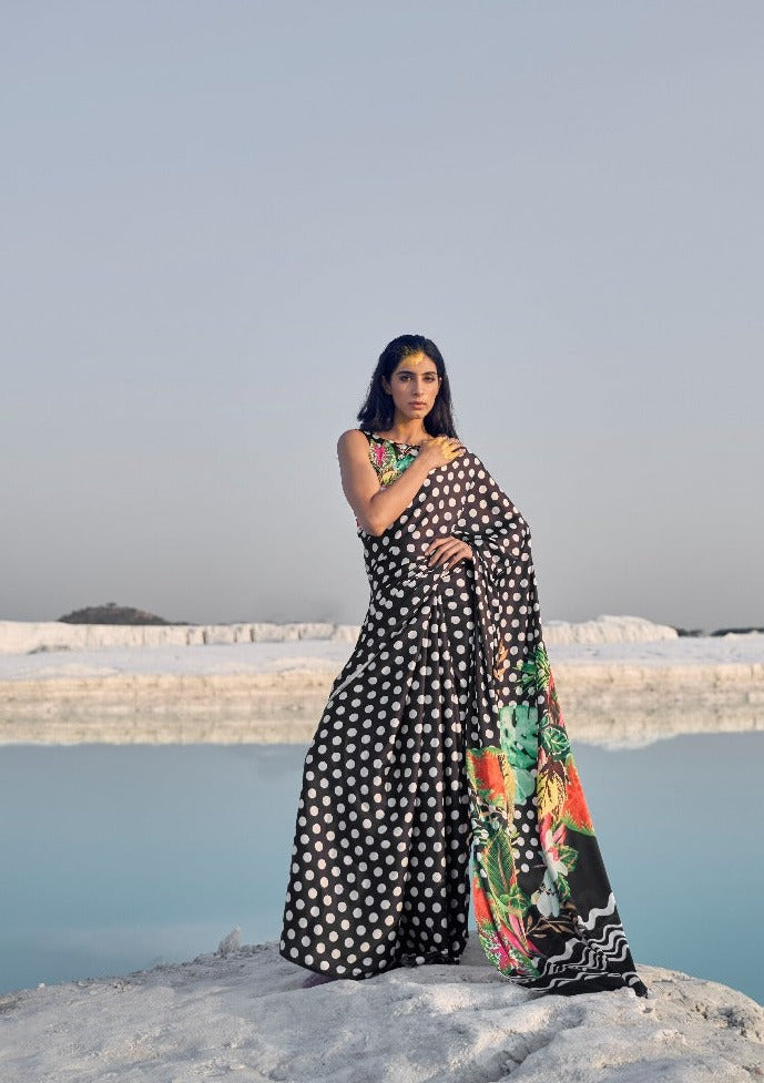 #1079 - Black polka dots with floral pallu - Muhurat Collections