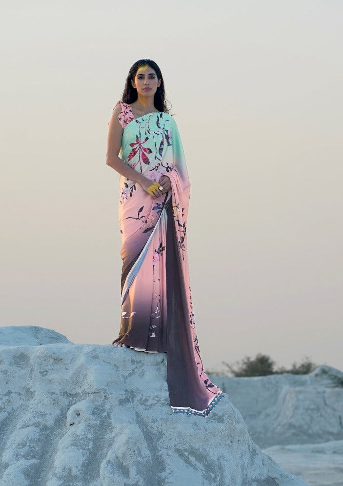 #1081 - Sea green and pink floral printed sari - Muhurat Collections