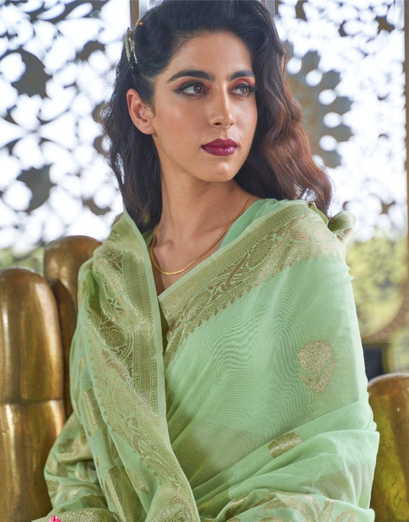 #1088 - Pastel green light Chanderi saree with gold embellishment - Muhurat Collections