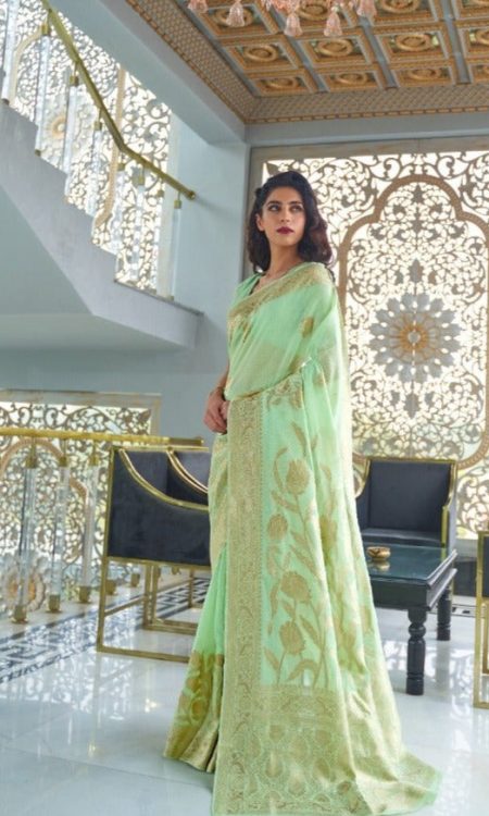 #1088 - Pastel green light Chanderi saree with gold embellishment - Muhurat Collections