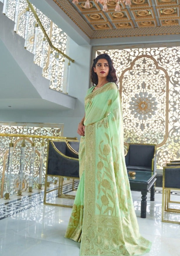 #1088 - Pastel green light Chanderi saree with gold embellishment - Muhurat Collections