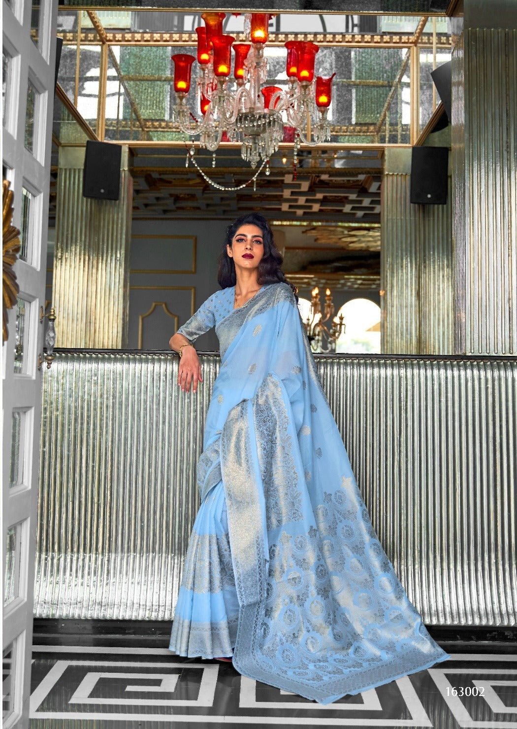 #1089 - Pastel blue light Chanderi saree with gold embellishment - Muhurat Collections