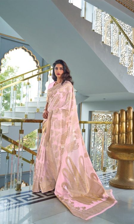 #1090 - Pastel pink light chanderi saree with gold embellishment - Muhurat Collections