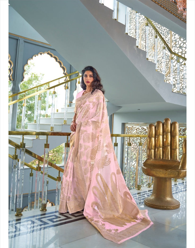 #1090 - Pastel pink light chanderi saree with gold embellishment - Muhurat Collections