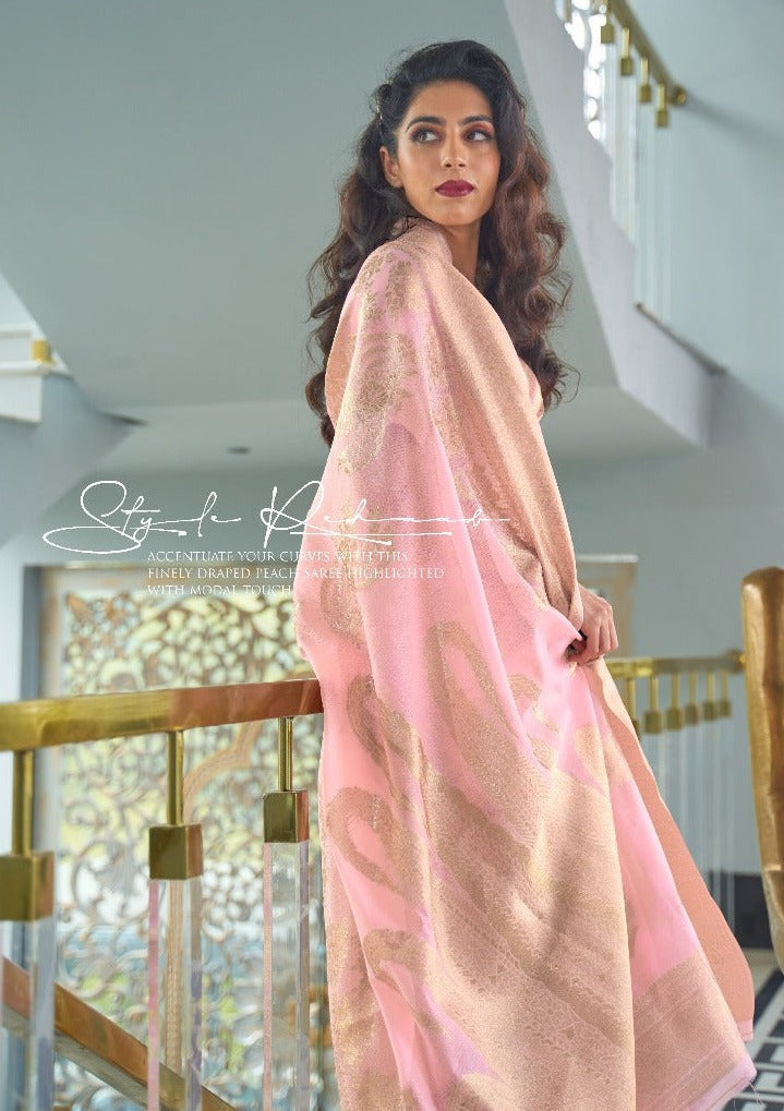 #1090 - Pastel pink light chanderi saree with gold embellishment - Muhurat Collections