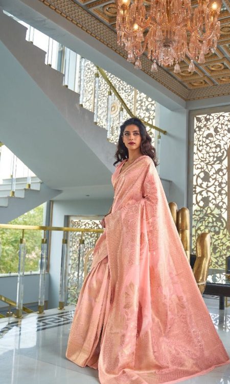 #1093 - Pastel peach light chanderi saree with gold embellishment - Muhurat Collections