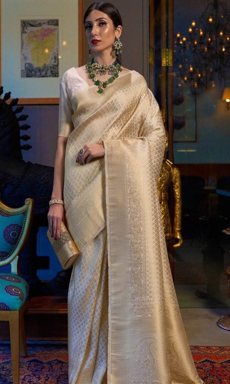 #1010 - Cream and gold zari sari in Kanjivaram style - Muhurat Collections