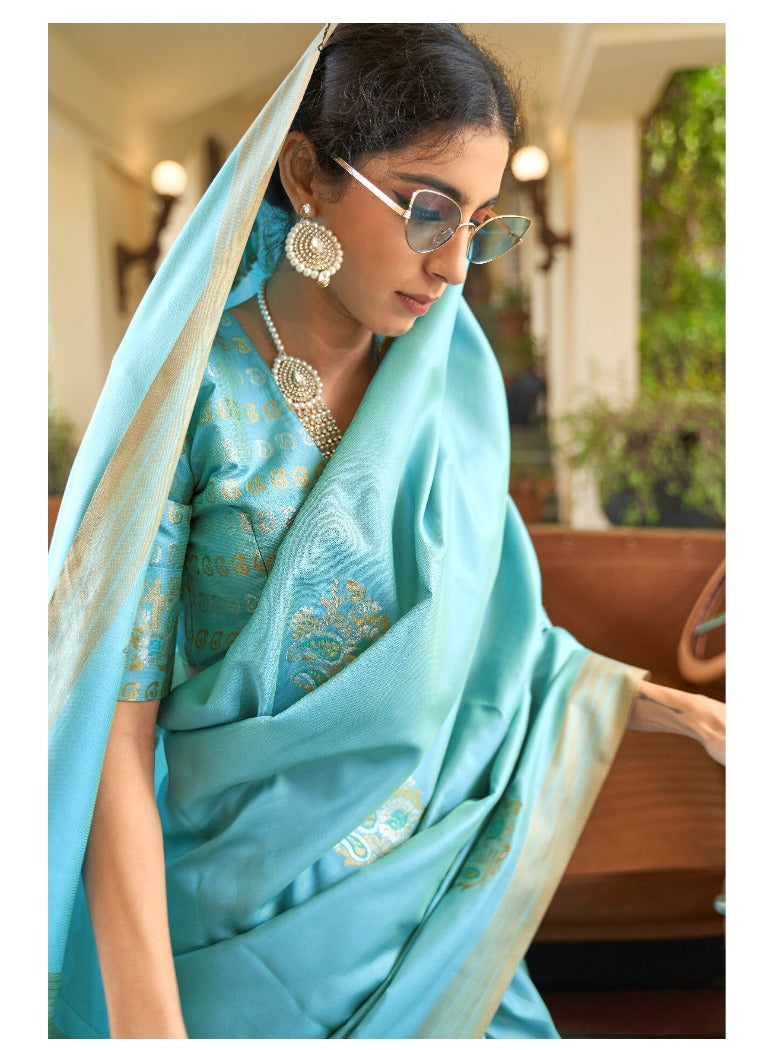 #1107 - Soothing blue tissue silk saree - Muhurat Collections