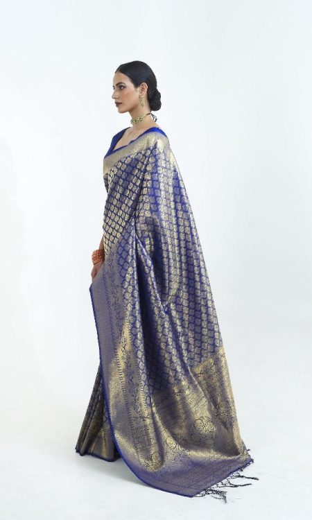 #1120 - A deep blue Kanjivaram saree with zari work - Muhurat Collections