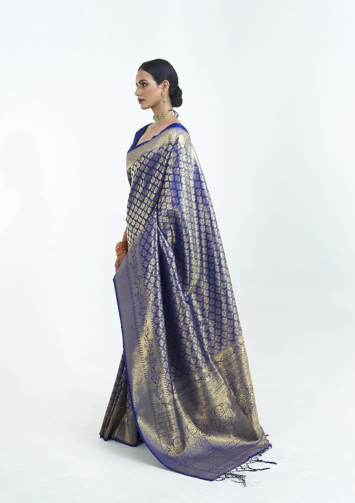 #1120 - A deep blue Kanjivaram saree with zari work - Muhurat Collections