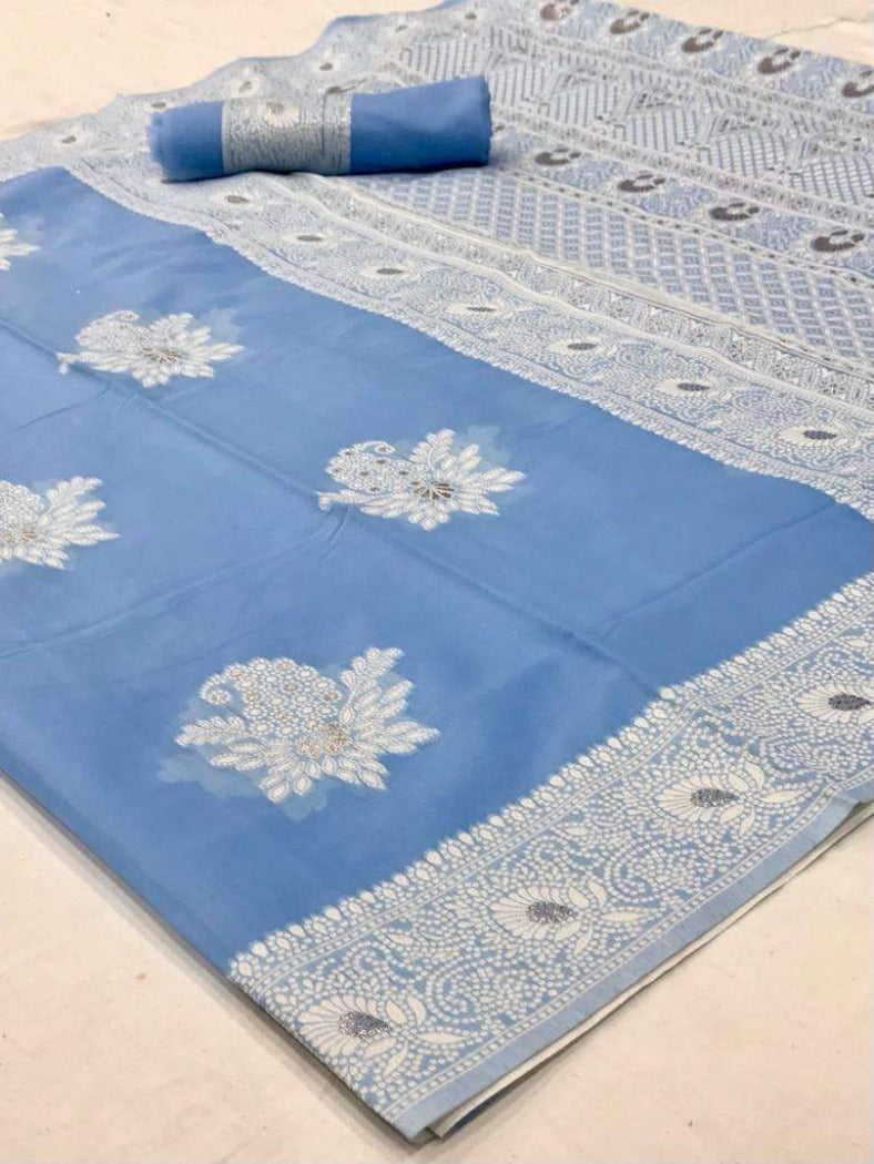 #1135 - Chikankari saree in sky blue - Muhurat Collections