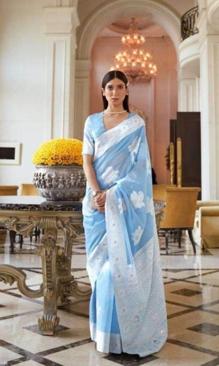 #1135 - Chikankari saree in sky blue - Muhurat Collections