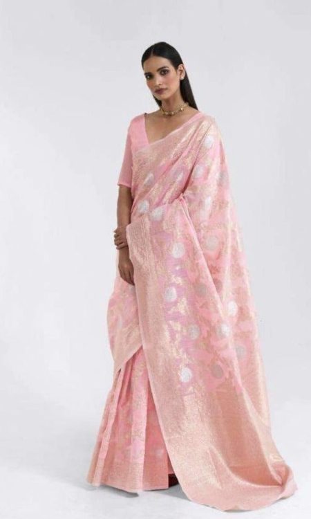 #1137 - Pastel french rose Chanderi saree with gold embellishment - Muhurat Collections