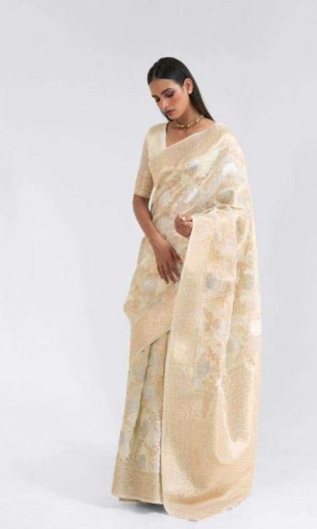 #1139 - Cream Chanderi saree with gold embellishment - Muhurat Collections