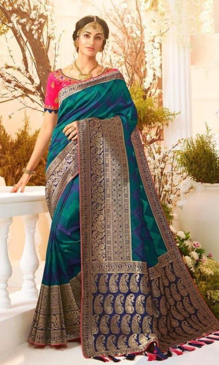 #1014 - Zigzag striped blue and green Banarasi style sari with big gold border - Muhurat Collections