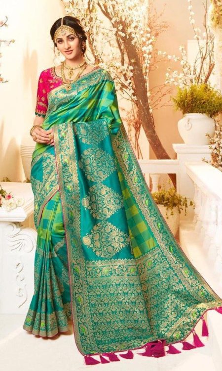 #1015 - Checkered mint and emerld green Banarasi style sari - Muhurat Collections