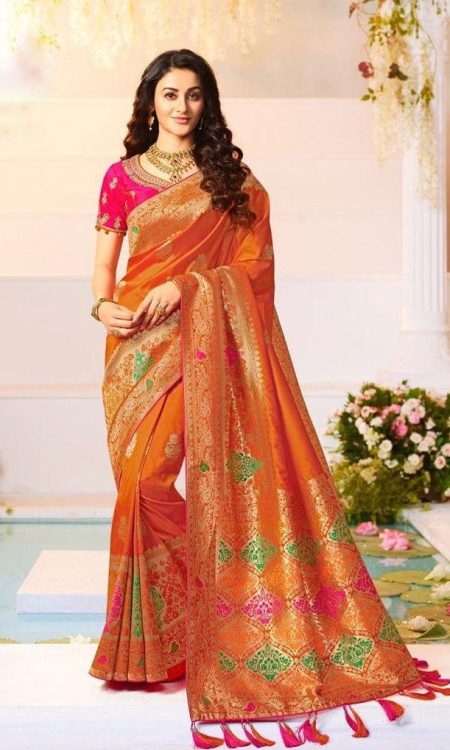 #1016 - Sunkissed orange and gold Banarasi style sari - Muhurat Collections