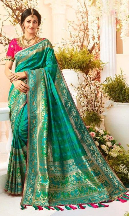 #1018 - Jade green and gold sari in Banarasi style - Muhurat Collections