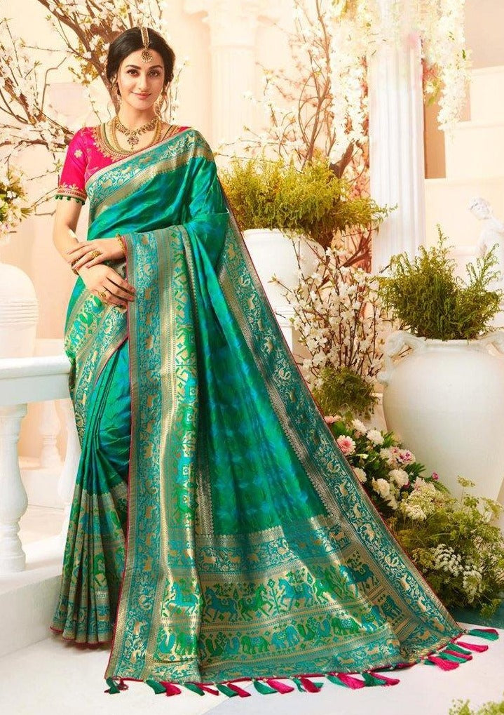 #1018 - Jade green and gold sari in Banarasi style - Muhurat Collections