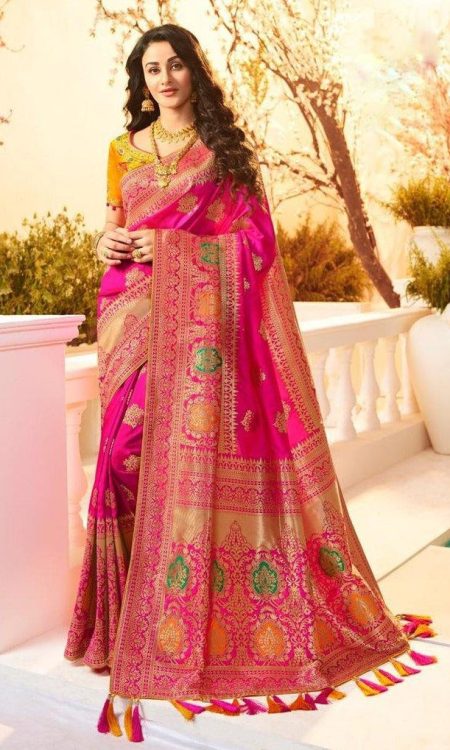 #1020 - Magenta pink and gold sari in Banarasi style - Muhurat Collections