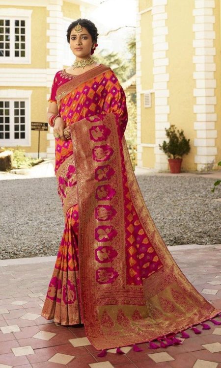 #1025 - Magenta and orange Banarasi style silk sari - Muhurat Collections