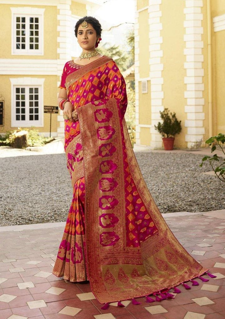 #1025 - Magenta and orange Banarasi style silk sari - Muhurat Collections