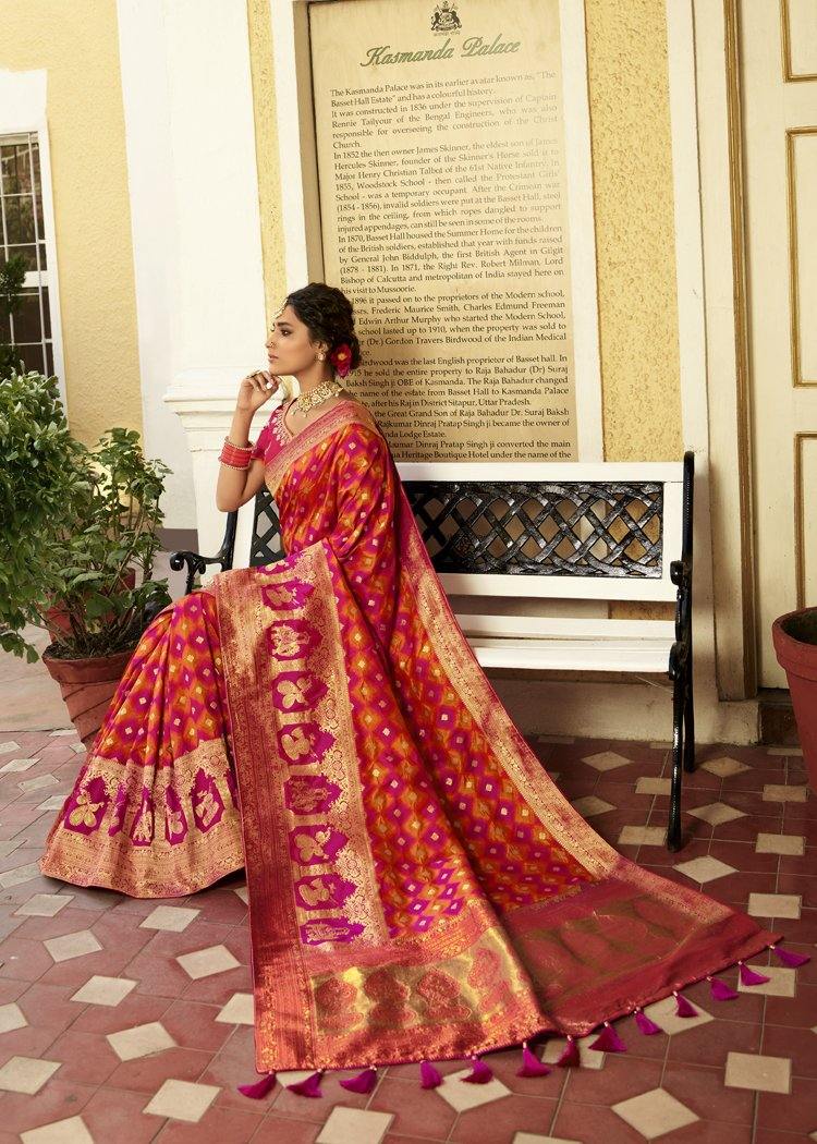 #1025 - Magenta and orange Banarasi style silk sari - Muhurat Collections