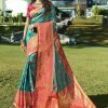 #1027 - Turquoise blue with gold magenta border banarasi style sari - Muhurat Collections