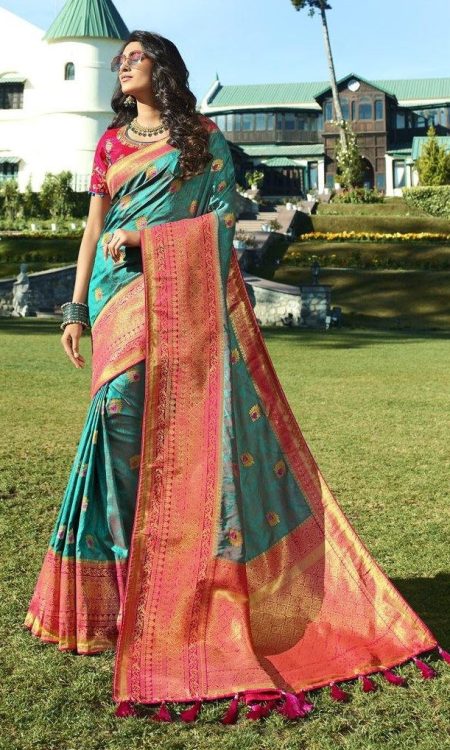 #1027 - Turquoise blue with gold magenta border banarasi style sari - Muhurat Collections