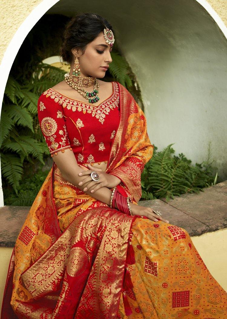 #1030 - Alphonso yellow and rose red banarasi style sari - Muhurat Collections