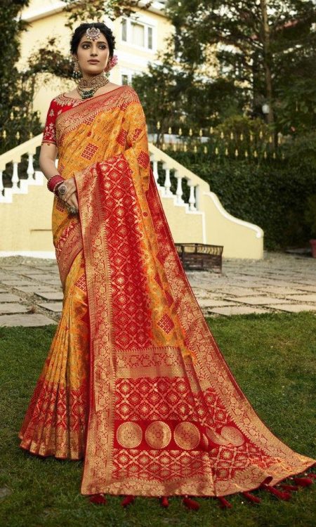 #1030 - Alphonso yellow and rose red banarasi style sari - Muhurat Collections