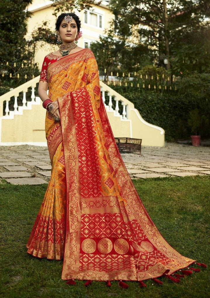 #1030 - Alphonso yellow and rose red banarasi style sari - Muhurat Collections