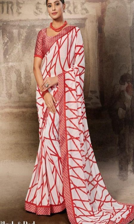 #1072 - Crisscross stripes in white and red - Muhurat Collections