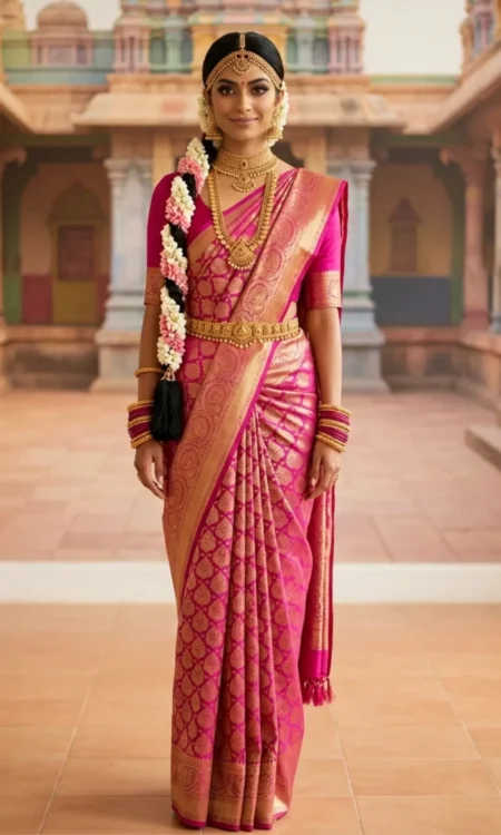 English Rose Pink Bridal Kanjivaram Saree