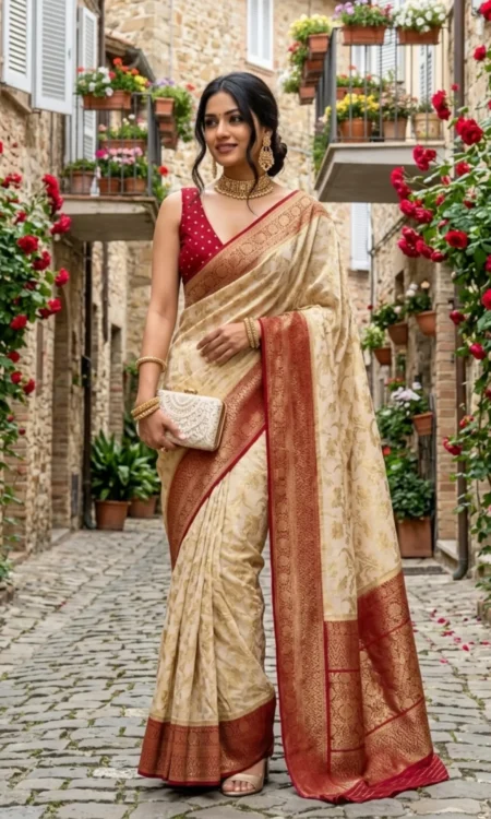 Royal Radiance: Cream Red Georgette Banarasi Saree