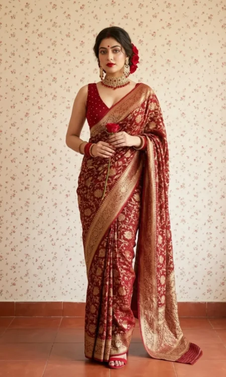 Crimson Splendor: Red Gold Banarasi Georgette Saree