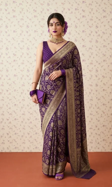 Violet Vibe: Violet Gold Georgette Banarasi Saree