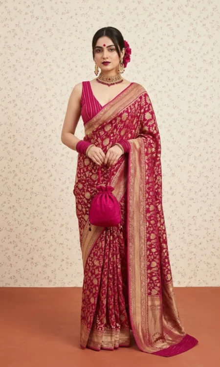 Pink Pageant Princess: A pink georgette Banarasi saree
