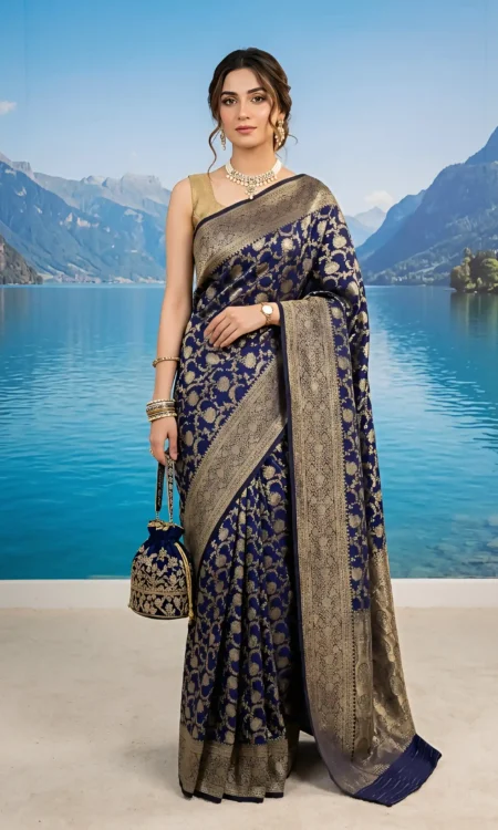 Midnight Majesty: A Blue Banarasi Katan Silk Saree