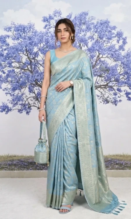 Blue Bounty: Blue Mashru Silk Banarasi Saree