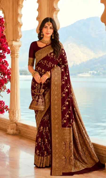 Vibrant Violet: A Wine Mashru Silk Banarasi Saree
