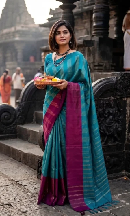 Colour Feast: Peacock Blue, Cherry Modern Kanjivaram Saree